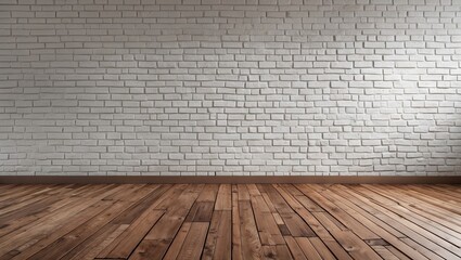 Fototapete - Vintage interior design featuring a white brick wall textured background with a warm brown wooden floor showcasing a spacious empty area.