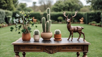 Aufkleber - Decorative wooden table with green plants and cacti positioned centrally, bronze deer sculpture on the right, lush green garden backdrop.