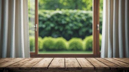 Poster - Wooden tabletop in the foreground with blurred white curtains framing a vibrant green garden view through a window for product presentation.