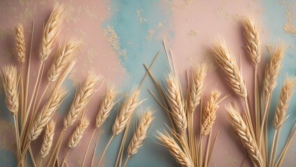 Poster - Pastel beige and blue backdrop with dried straw wheat arrangement creating a serene and harmonious abstract texture for design use