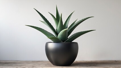 Poster - Artificial aloe plant with vibrant green leaves in a sleek black pot positioned centrally against a minimalistic white background.