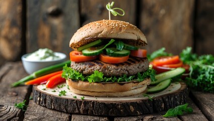 Aufkleber - Vegan rye burger with fresh veggies on a rustic wooden surface featuring greens tomatoes and cucumbers in a natural earthy color palette