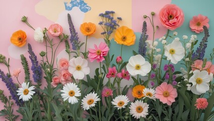 Poster - Vibrant garden flowers in shades of pink, orange, and purple against a soft pastel background with daisies and blossoms arranged harmoniously.