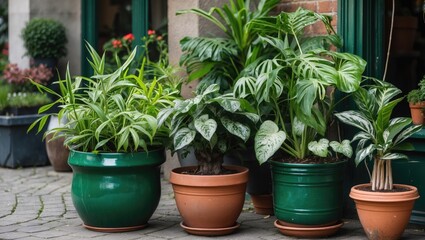 Leinwandbilder - Vibrant display of various potted green plants in decorative pots positioned on a stone pathway with a blurred floral background.