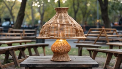 Fototapete - Handcrafted rattan lamp glowing softly on a wooden table in a serene park garden, surrounded by green foliage and rustic seating.