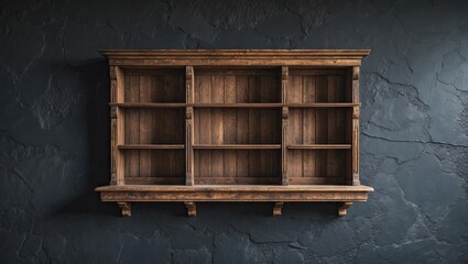 Poster - Rustic wooden shelf with six compartments positioned against a textured dark gray wall creating a vintage aesthetic ideal for product display.