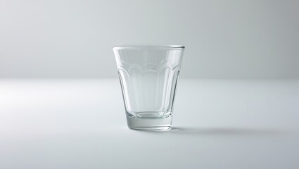 Leinwandbilder - Clear empty glass positioned centrally on a soft gray surface with a minimalistic white background providing ample copy space for text or design.