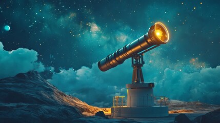 Wall Mural - a celestial observatory with a glowing telescope aimed at a galaxy-rich sky digital