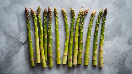 Poster - Fresh green asparagus arranged in a row on a gray concrete background, top view with ample copy space on the left for text or design elements.