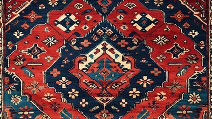 Poster - Colorful Persian carpet design showcasing intricate tribal patterns with rich reds, deep blues, and vibrant yellows centered with diamond motifs.