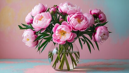 Aufkleber - Elegant glass vase filled with vibrant pink peonies, positioned centrally against a soft pastel background of blue and pink hues.