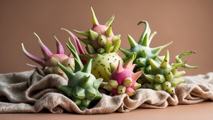 Poster - Dragon fruits in vibrant pink and green hues arranged on neutral sackcloth, set against a warm brown pastel backdrop, creating a vibrant still-life composition.