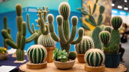 Poster - Vibrant exhibit showcasing various decorative cacti in green hues with contrasting textures against a soft blue background and natural lighting.