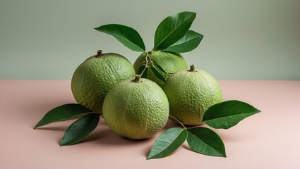 Poster - Green pomelos arranged in a cluster with green leaves on a pastel pink background showcasing their texture and natural beauty.