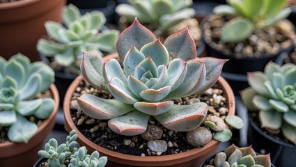 Poster - Lush Echeveria Perle von Nurnberg in terracotta pot surrounded by green succulents with gray pebbles on soil high angle shot natural bright colors