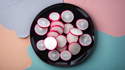 Poster - Sliced and halved radishes arranged on a black plate positioned centrally against a pastel backdrop of blue pink and green tones