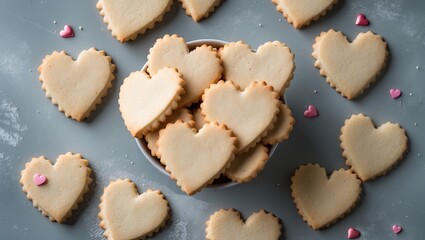 Poster - Heart-shaped cookies in a white bowl on a gray surface, surrounded by scattered mini pink candies, creating a warm, festive atmosphere.