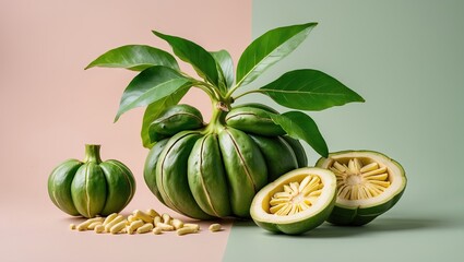 Aufkleber - Fresh Garcinia Cambogia fruit in green and light peach tones with green leaves and seeds displayed on contrasting pastel background.