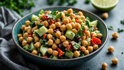 Poster - Chickpea and vegetable salad vibrant mix of greens and chickpeas in a teal bowl on dark background with lime and herbs for freshness