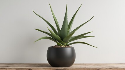 Aufkleber - Sleek black pot with artificial aloe plant, vibrant green leaves extending outward, placed on a wooden surface against a soft white background.