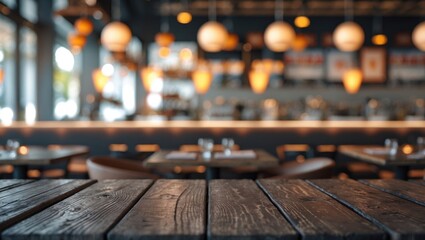 Leinwandbilder - Dark wooden table in the foreground with blurred warm bokeh restaurant background featuring soft yellow lights and a cozy atmosphere for product display.