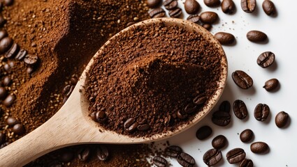 Aufkleber - Ground roasted coffee piled in a wooden spoon with scattered coffee beans against a white background creating a warm earthy aesthetic.
