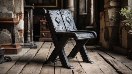Poster - Stylish black cast iron Domino chair positioned against rustic wooden flooring with intricate design details in a vintage interior setting.