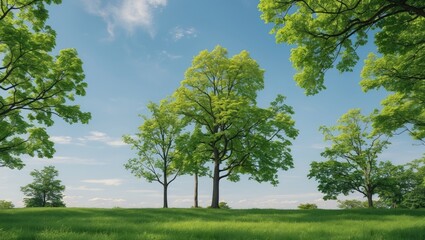 Leinwandbilder - Lush green trees in a clear blue sky with soft clouds, positioned centrally on a vibrant green grass landscape, ideal for summer and nature themes.
