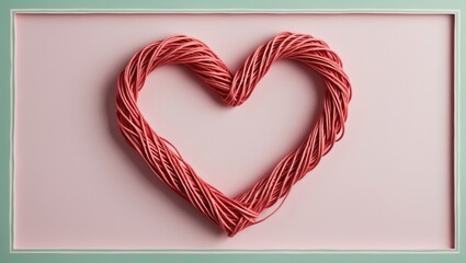 Aufkleber - Heart shape crafted from intertwined pink strings, centered within a mint green frame, set against a soft pastel pink background.