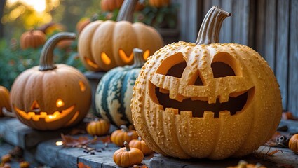 Poster - Colorful autumn scene featuring carved jack-o'-lanterns on wooden steps, with vibrant orange pumpkins and green gourds against a sunset backdrop.