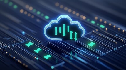 Poster - cloud technology representation with upload symbols on a dark digital background