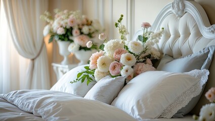 Poster - Luxurious white bedroom featuring an elegant tufted bedhead adorned with soft pastel flowers, complemented by plush white pillows and warm sunlight.