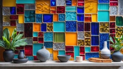 Aufkleber - Vibrant glass mosaic in various geometric shapes and colors such as orange, blue, and green against an abstract wall with decorative pottery and plants.