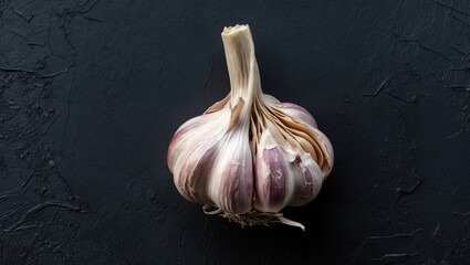 Poster - Fresh garlic bulb on a textured black background, highlighting the intricate layers and shades of purple and white in the garlic cloves.