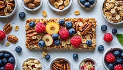 Aufkleber - Granola bar centerpiece on a light stone background surrounded by bowls of nuts and berries in vibrant colors emphasizing a healthy snack theme