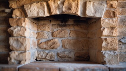 Poster - Stone fireplace wall texture featuring warm earthy tones with rugged stone placement, ideal for cozy backdrop designs and interior aesthetics.