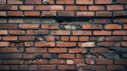Poster - Weathered red brick wall with visible wear and tear in the center; dark mortar contrasts with the earthy tones of the bricks, creating a rustic feel.