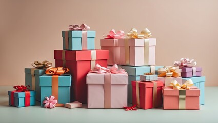 Poster - Stacked pastel gift boxes in various colors, including pink, red, and blue, against a soft beige background with ample copy space.
