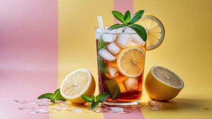 Aufkleber - Refreshing iced tea cocktail with ice, lemon slices, and mint on a vibrant yellow and pink gradient background, highlighting summer vibes.