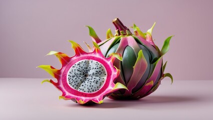 Poster - Dragon fruit half and whole on light pink pastel background with green and pink spiky leaves emphasizing fresh tropical design and vibrant colors