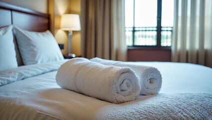 Poster - Cozy hotel bedroom featuring a neatly made bed with white sheets and two rolled bath towels arranged prominently in the foreground near a window.