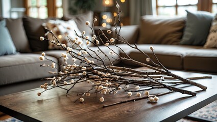 Poster - Elegant arrangement of decorative twigs with soft white buds on a wooden coffee table in a cozy living room with soft furniture and warm lighting.
