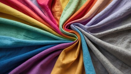 Poster - Colorful fabric texture palette featuring rainbow hues in cotton and linen, arranged in a spiral with vibrant pink, blue, yellow, green, and gray tones.