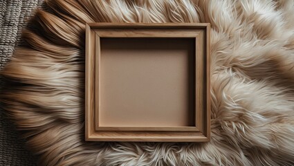 Aufkleber - Wooden photo frame placed centered on a soft beige fur carpet with warm tones creating a cozy atmosphere ideal for creative photography projects