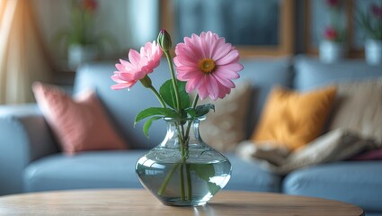 Poster - Pink flowers in a glass vase on a wooden table in a cozy living room with a blurred background featuring cushions in soft colors