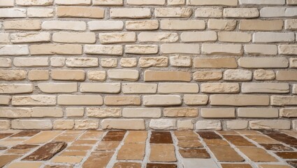 Poster - Textured stone wall with beige and light brown bricks, arranged in an organized pattern, with a wooden floor in front, ideal for background use.