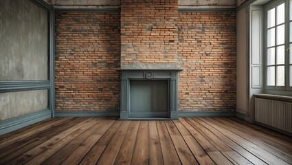 Poster - Rustic interior of an empty room featuring elegant wooden flooring and a vintage brick wall with a classic fireplace in a neutral palette.