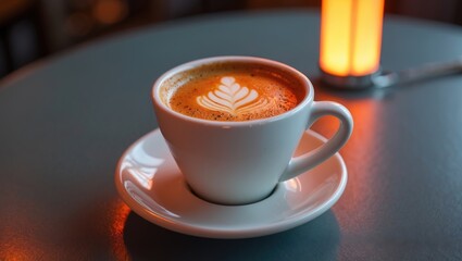 Poster - Espresso coffee in a white cup centered on a dark green table with a warm orange glow illuminating the scene from a nearby light source.