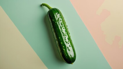 Poster - Fresh green cucumber resting diagonally across a soft pastel green and peach background with smooth textures and subtle lighting highlights.