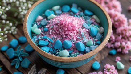 Poster - Aqua blue and pink potpourri arranged in a turquoise bowl with floral accents on rustic wooden background creating a serene decorative display.